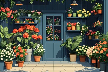 Vibrant Interior Garden with Colorful Floral Decor and Pottery for a Cozy Home Entrance