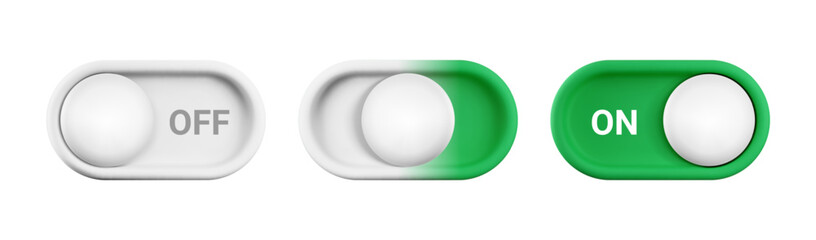 Vector cartoon 3d turn on off switch button set. Cute realistic 3d white and green toggle switch slider with white button and text ON OFF. Setting toggle design element for mobile app interface, ui.
