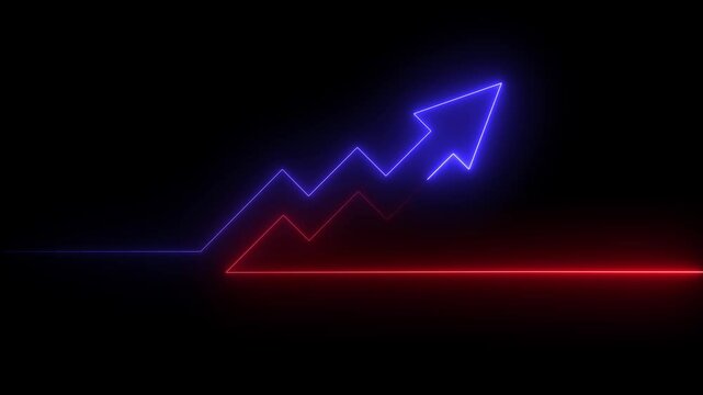 Abstract neon arrow business graph chart icon animation background. Market Recovery Concept. Successful growth trend Green line graph going Up. on the black, background Financial data and diagrams