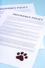 Pet health life Insurance, medical coverage concept. Insurance contract with cat paw signature and...