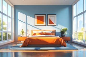 Modern Bedroom Interior Design with Vibrant Colors, Large Windows, and Tropical Style Decor Elements