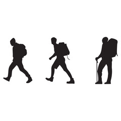 Hiker backpacker silhouette walking. All hiker equipment is separated