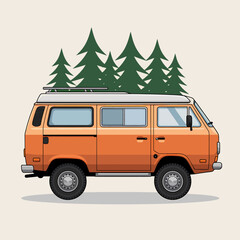 Obraz premium Retro Camper Van Trip: Vintage Vehicle with Pine Forest Illustration