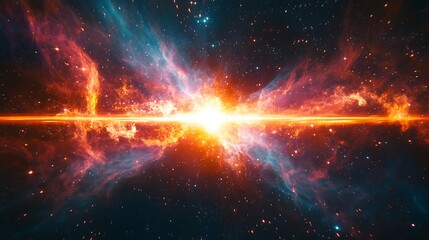 Vibrant Cosmic Clouds with Radiant Sunburst, Vibrant cosmic scene with colorful clouds and a radiant sunburst