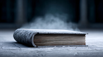 mysterious ancient book lies on stone floor, its pages slightly open and emitting faint, eerie mist. atmosphere is dark and enigmatic, suggesting hidden secrets within