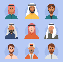 Diverse Collection of Modern Arabic Men Portraits Set Flat Design