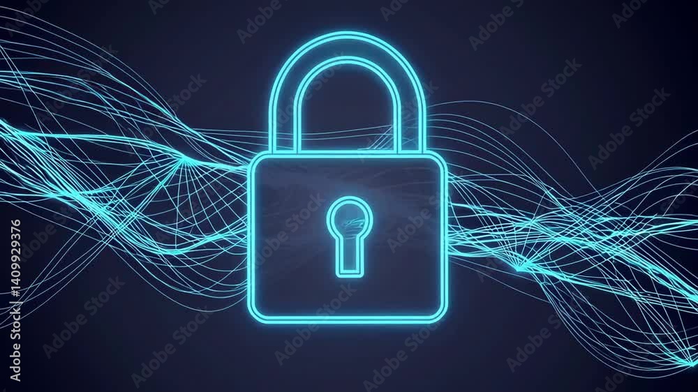 Poster Light trails move gracefully behind a glowing padlock icon, representing the dynamic nature of digital security in protecting sensitive information