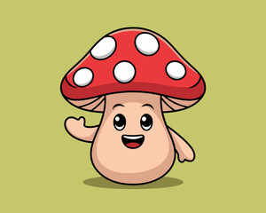 Happy Red Mushroom Cartoon Character with Polka Dots Waving Hand
