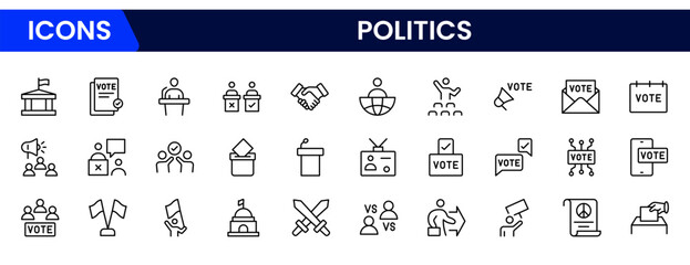 Vector illustration web line icon collection featuring government buildings, ballots, megaphones, handshakes, and flags, symbolizing political systems, elections, diplomacy, and civic engagement.