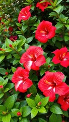 Vibrant hibiscus flowers in full bloom, lush green foliage, background, detail