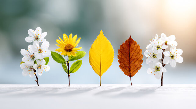 vibrant display of seasonal change with spring flowers and autumn leaves, showcasing nature beauty and transition. image captures essence of different seasons in harmonious arrangement