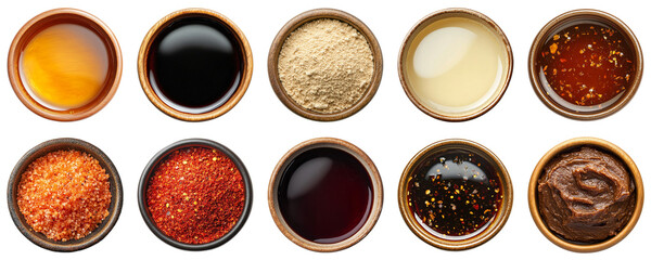 A Varied Selection of Seasonings in Bowls Showcasing Diverse Sauces, Powders, and Condiments Perfect for Culinary Inspirations and Food Preparation. Piquant food set.