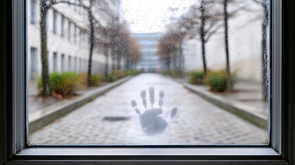 single handprint fades on rain covered window, overlooking blurred courtyard with bare trees and cobblestone path, evoking sense of mystery and solitude