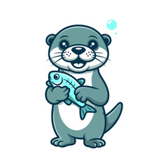 Fototapeta premium Smiling Cartoon Otter Holding Fish