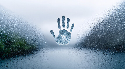 single handprint fades on rain covered window, evoking sense of mystery and solitude. blurred background suggests rainy day, enhancing reflective mood