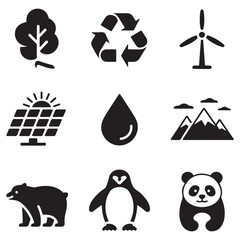 Ecology icons set. Nature, environment, recycle flat icon. Vector Black silhouettes illustration with white background