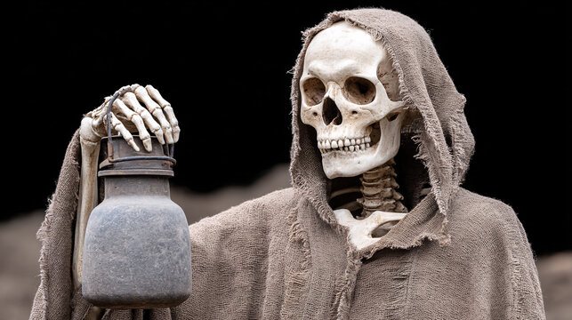 skeletal figure in tattered hooded cloak holds lantern, evoking mysterious and eerie atmosphere. scene suggests themes of death and supernatural - Powered by Adobe
