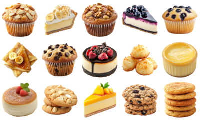 Assorted Delicious Bakery Treats Including Cakes, Pastries, Muffins, And Cookies Displayed On A White Background Perfect For Dessert Lovers. Piquant food set.