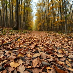 Fototapeta premium Brown dried leaves and twigs scattered on a forest path, texture, fall