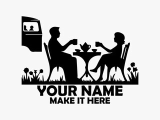Black silhouette illustration of a happy camping couple sitting at a table with tea near a tent and a vintage van. Camping concept, camping vector and camping logo design