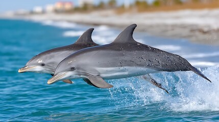 Fototapeta premium Two Dolphins Leaping and Playing in Ocean Waves near Shoreline