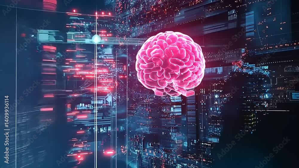 Wall mural futuristic digital brain with neural connections and data flow
