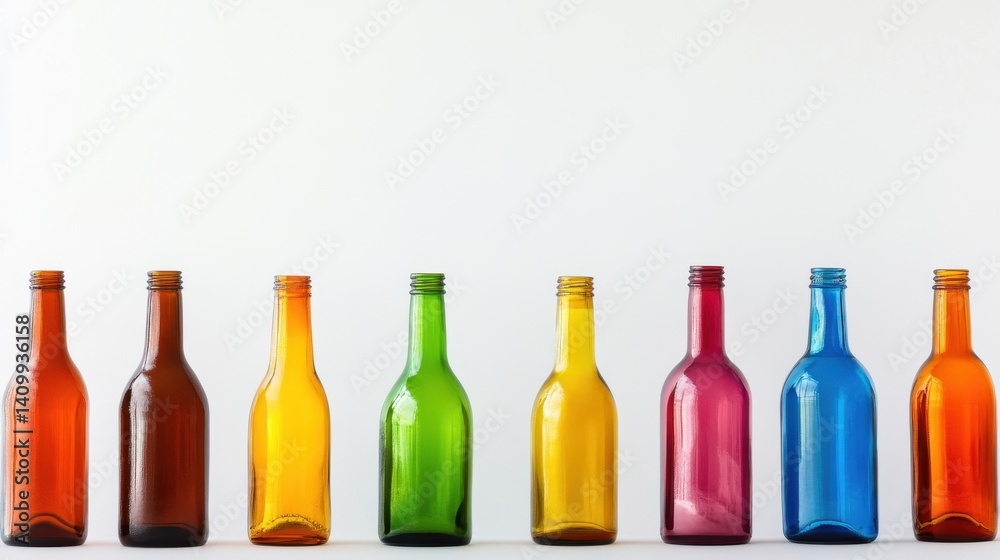 Poster a series of colorful empty glass bottles arranged in a row against a white background. the vibrant c