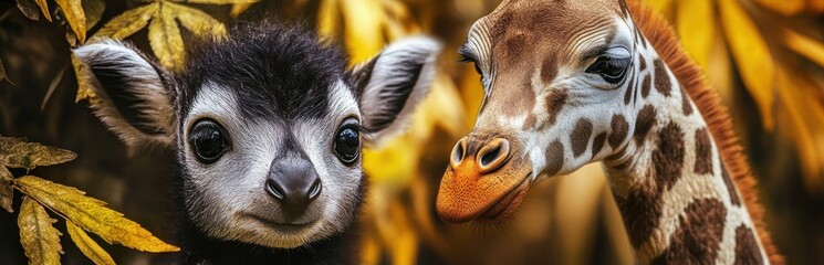A captivating close-up of a young goat and giraffe, showcasing their unique features amidst vibrant foliage. This image highlights the innocence and wonder of young animals.
