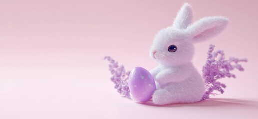 Obraz premium Cute plush rabbit holding easter egg. Minimalistic colored background.