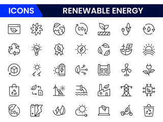 Renewable Energy Icon Set. A dynamic collection of icons showcasing sustainable energy solutions, perfect for environmental projects, educational materials, and green technology applications