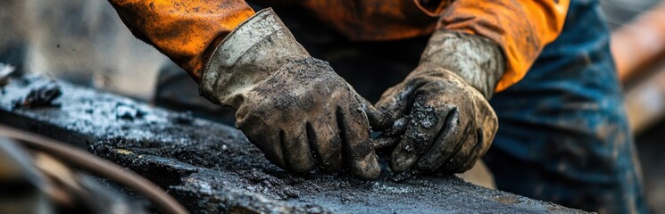 Fototapeta premium A close-up view of a worker's dirty hands preparing materials at a construction site. The image captures the essence of hard work and craftsmanship in the industry.