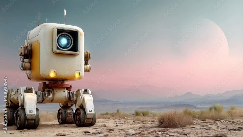 Poster a humanoid explorer traverses the barren landscapes of an alien planet at dusk. the vibrant sky and 