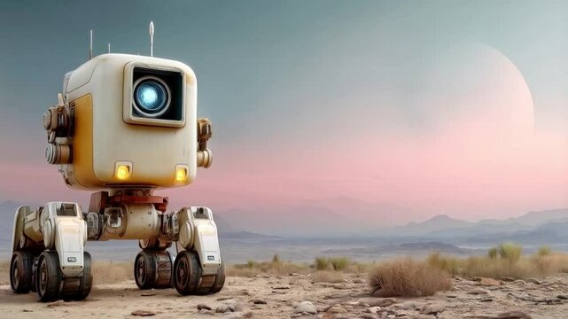 A humanoid explorer traverses the barren landscapes of an alien planet at dusk. The vibrant sky and distant mountains create a stunning backdrop for technological discovery and analysis in space.