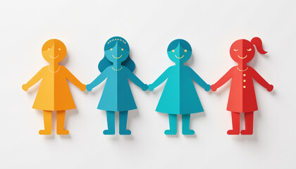 Colorful paper dolls holding hands, symbolizing friendship and unity on light background