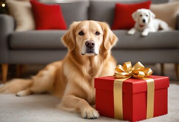 a beautiful golden retriever lies beside a red gift box with a gold ribbon in a cozy living room setting.