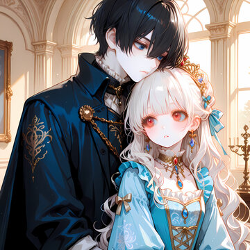 西洋風ファンタジーのヒロインとヒーロー。アルビノの少女と碧眼の青年の恋。日本の少女向け漫画風のAIイラスト