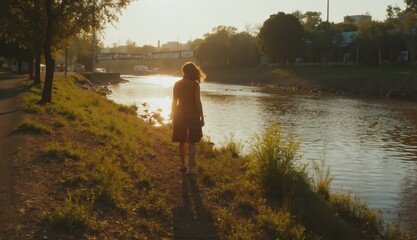 A solitary woman walks along a dirt path next to a shimmering river at golden hour with trees casting long shadows and warm light reflecting on the water surface