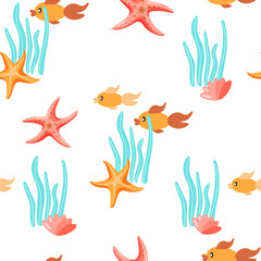 Naklejka premium Seamless pattern of isolated colored starfish, seaweeds and fish icons on white background. Vector illustration for wrapping paper, print, packaging.
