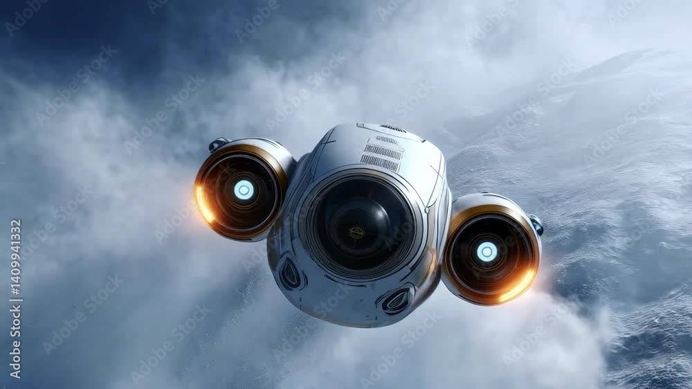 Poster a humanoid explorer navigates through the depths of space, analyzing distant planets with sleek tech