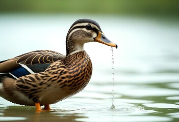 Obraz premium a female mallard duck shakes water from its bill while standing in a rippled body of water.