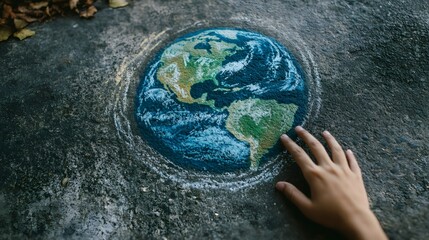Hand Touching Chalk - Drawn Earth on Pavement for Earth Day