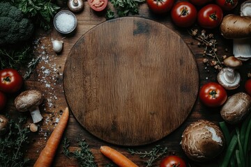Round wooden cutting board surrounded by fresh vegetables and herbs on dark surface.