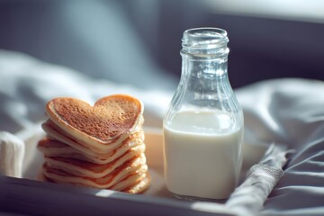 Heart-shaped Pancakes and Milk Bottle