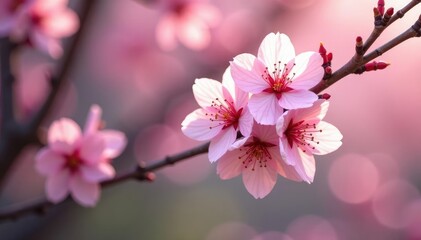Naklejka premium Delicate pink sakura blossoms, full bloom, intricate branches , pink, springtime