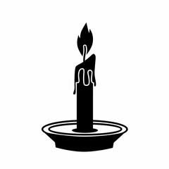 Vector graphic illustration of candle silhouette icon with melted wax drops and fire in minimalist style. Suitable to use as icon, symbol or design element in various artistic or creative projects.
