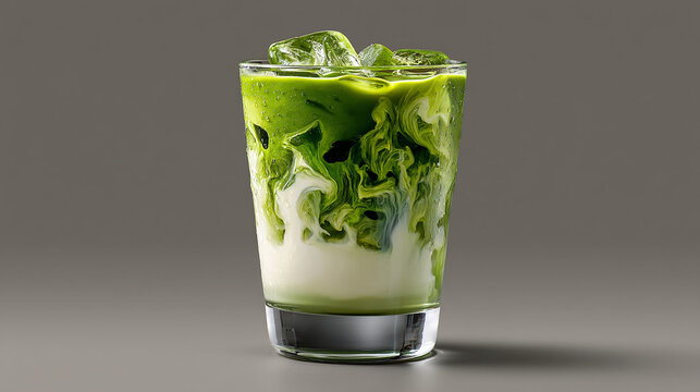Iced matcha latte with layered milk in a glass cup