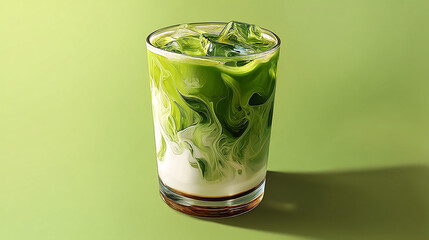 Iced matcha latte with layered milk in a glass cup