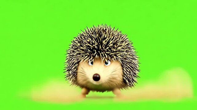 A small cute hedgehog sits on a green background, staring curiously ahead with its tiny paws and spiky body, captured in soft lighting for a peaceful animal portrait
