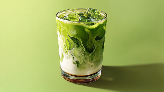 Iced matcha latte with layered milk in a glass cup