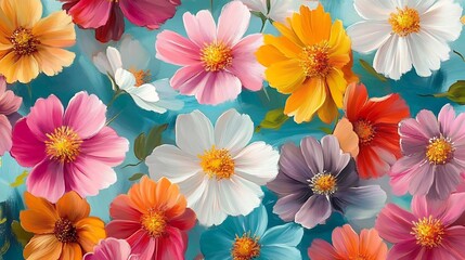 Vibrant Watercolor Flowers on Teal Background, Vibrant watercolor flowers in various colors on a teal background